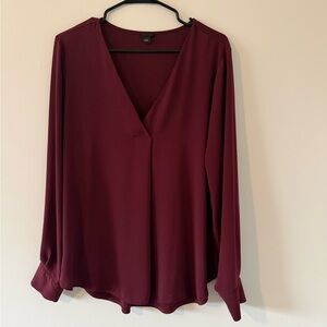 Ann Taylor Burgundy V-Neck Long Sleeve Blouse